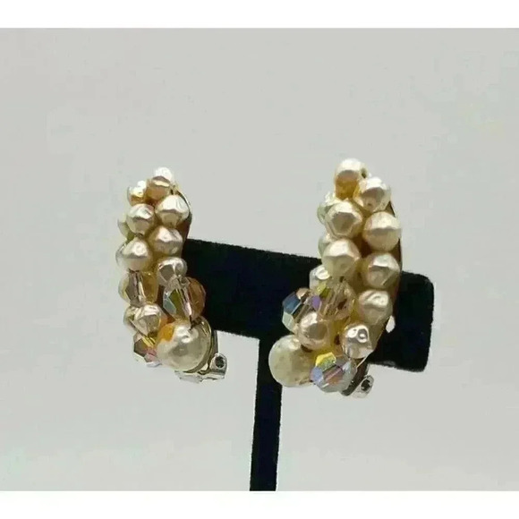 Vintage Clip Earrings Faux Baroque Pearl and AB Faceted Glass Bead Long Hugger - Picture 3 of 8